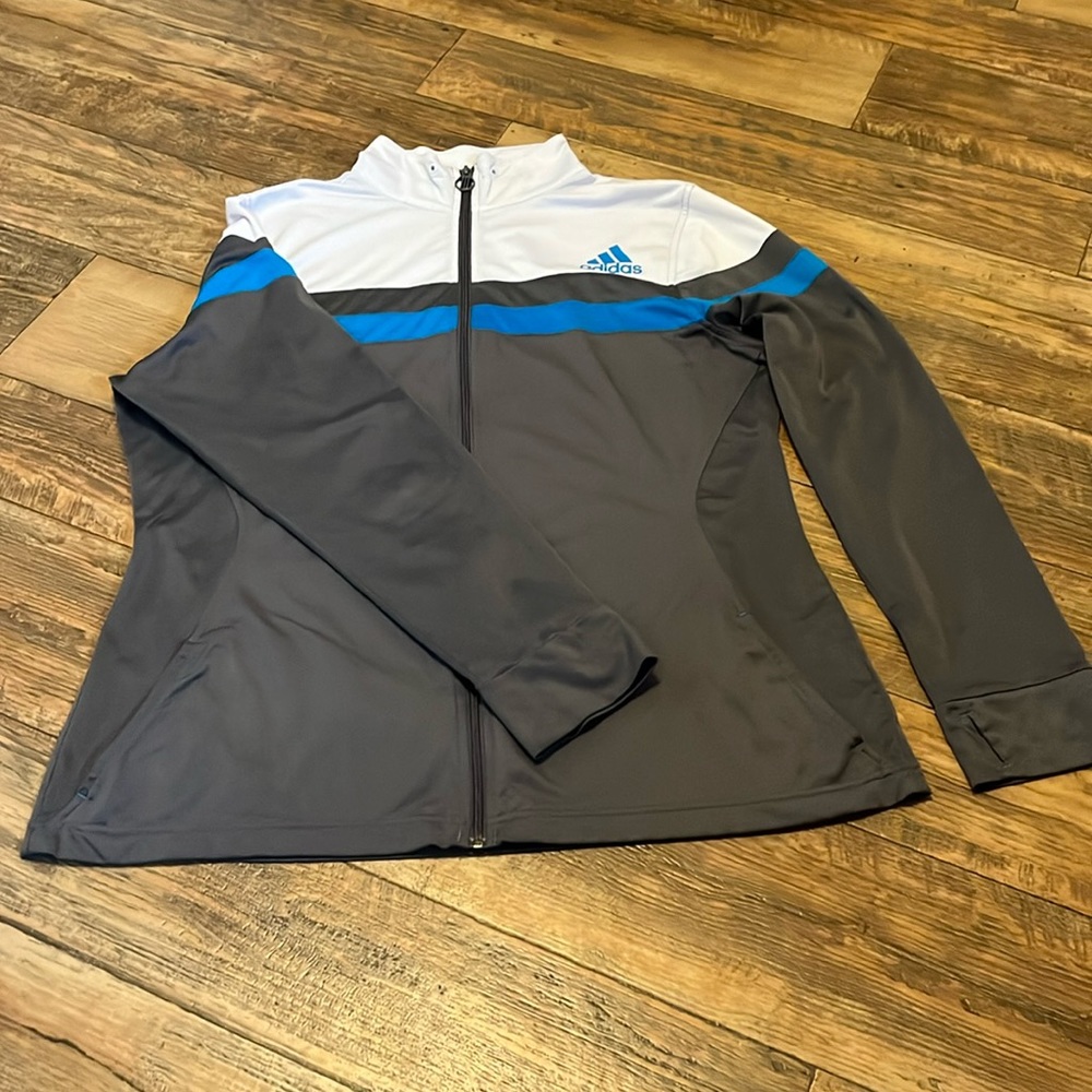 Women's Adidas Zip Up Jacket Blue, White, and Gray XL